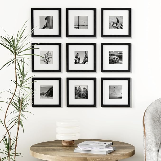 Vittanly 8x8 Picture Frames Set of 9 for Wall or Tabletop Display, Black | Display Pictures 4x4 with Mat or 8x8 without Mat for Wall Mounting, Square Photo Frames for Home Decor, Engineered Wood