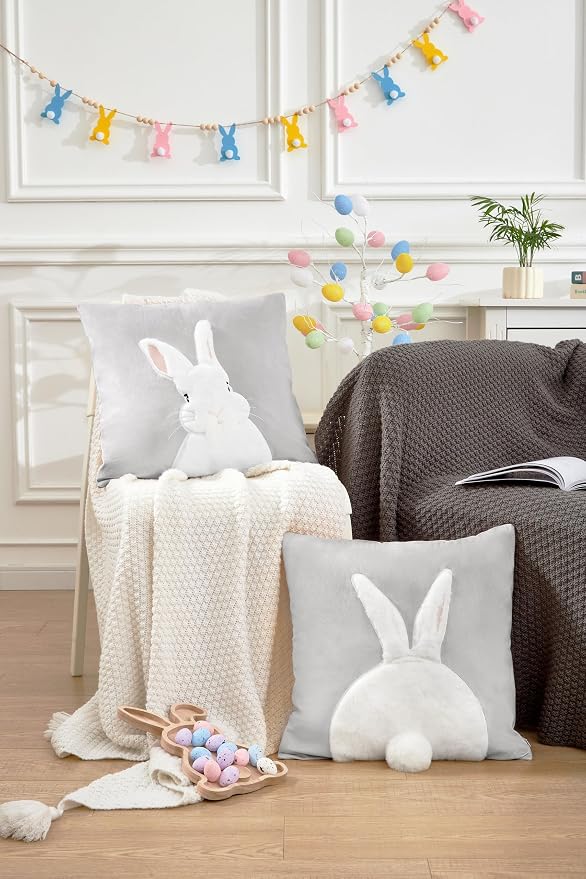 Pack of 2 Spring Easter Pillow Covers 18x18 Inch,3D Embroidered Bunny Rabbit Pillowcase Throw Covers Velvet Easter Decorative Cushion Cover (Light Gray -2PCS)