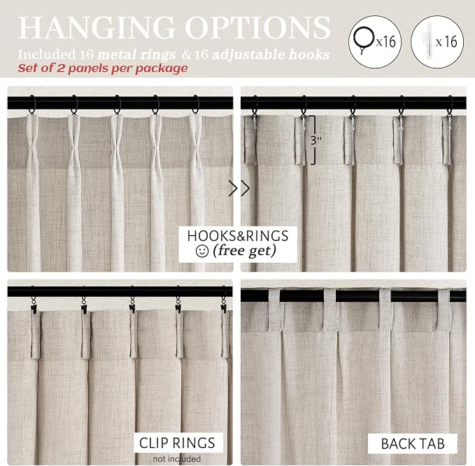 PleatedDrapes 112 Inch Extra Long Light Filtering Curtains for Kids Room 2 Panels Set, Greyish Brown Memory Shape Pinch Pleat Flax Linen Cottage Core Windows Curtain Privacy Semi Sheer Large Drapes