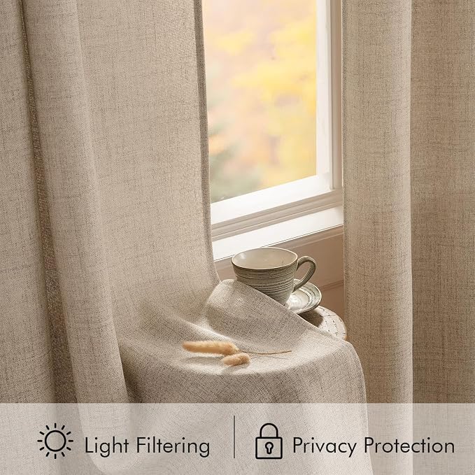 MIULEE Faux Linen Curtains 63 Inch Length 2 Panels Natural Copper Brown Semi Sheer Curtain with Back Tab Rod Pocket, Light Filtering Window Privacy Burlap Drapes for Living Room Bedroom 42W x 63L
