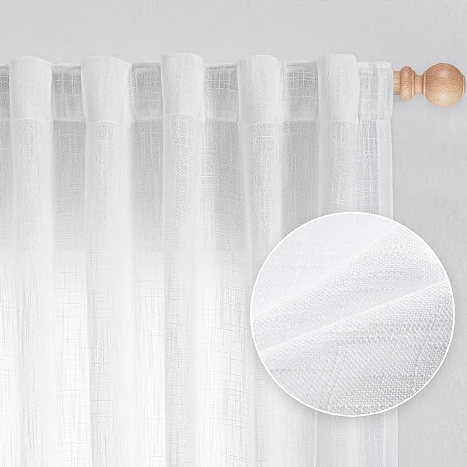 MYSKY HOME Floor to Ceiling Curtains 102 Inches White Sheer Window Drapes 2 Panel Sets Back Tab Draperies Linen Look Boho Fabric, Soft Cotton Blend Light Filtering for Living Room