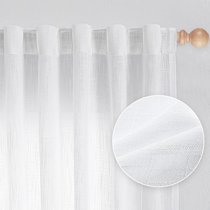 MYSKY HOME White Curtains 95 Inches Long Semi Sheer Drapes Light Filtering for Sliding Glass Door Window Treatments Soft Cotton Blend Panels Linen Look Farmhouse Style, 50" x 95", 2 Pieces