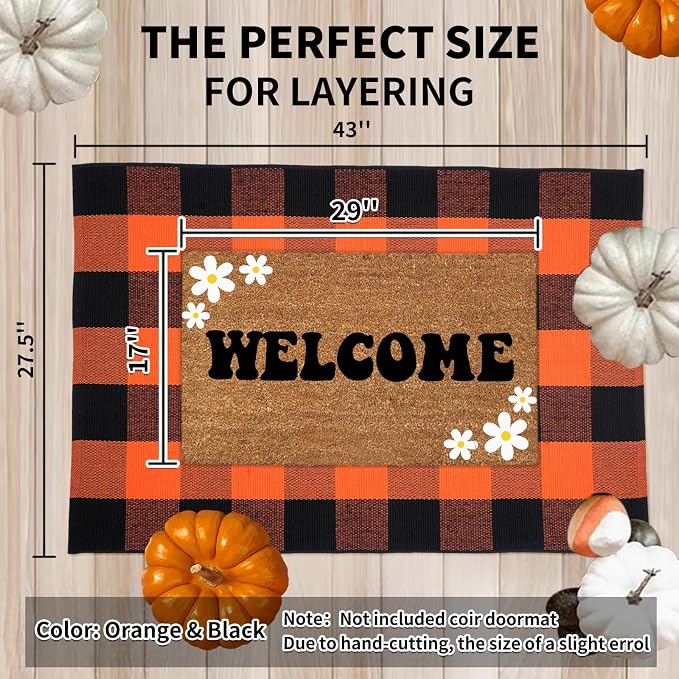 Buffalo Plaid Area Rug 27.5x43 in, Orange Black Indoor Outdoor Rug | Cotton Blend, Orange and Black Checkered, Machine Washable, Front Porch Entryway, Kitchen Bathroom