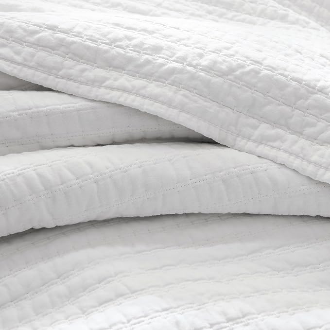 WDCOZY 100% Cotton Oversized King Size Quilt Set - White California Cal King Striped Pick Stitch Soft Lightweight Bedspread, Textured Like Linen, Farmhouse Country Rustic Coverlet, 3 Pieces