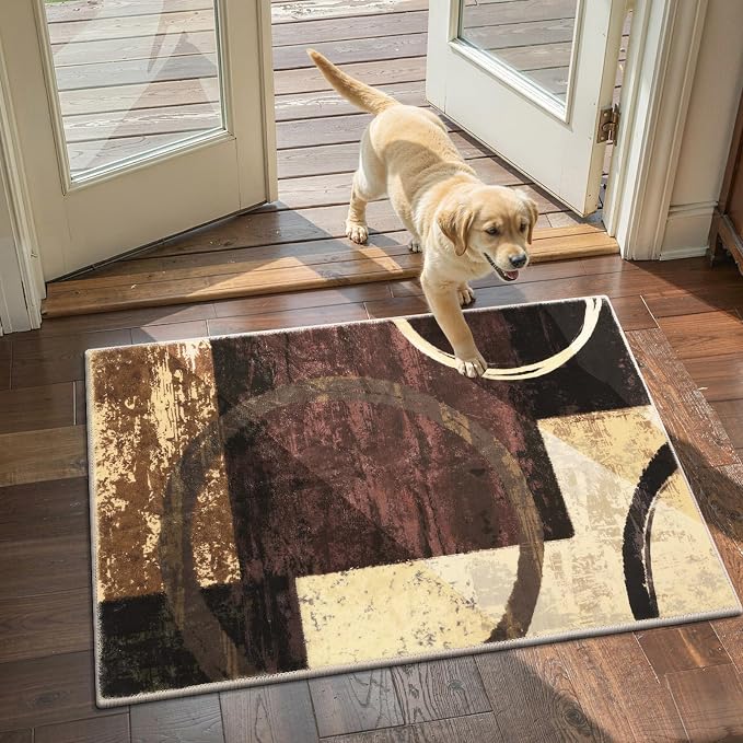 Yamaziot 2x3 Washable Modern Abstract Area Rug Non-Slip Entryway Rug | Stain Resistant Kitchen Rug with Rubber Backing, Low Pile, Ultra Soft Carpet Rug for Bedroom, Laundry, Entryway, Brown