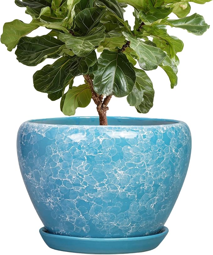 Indoor Plant Pots 10 Inch, Ceramic Planter, Bubble Blue | Decorative Round Planter with Drainage Hole and Saucer, Flower Pots Indoor, Apartment Decor, House Warming Gift