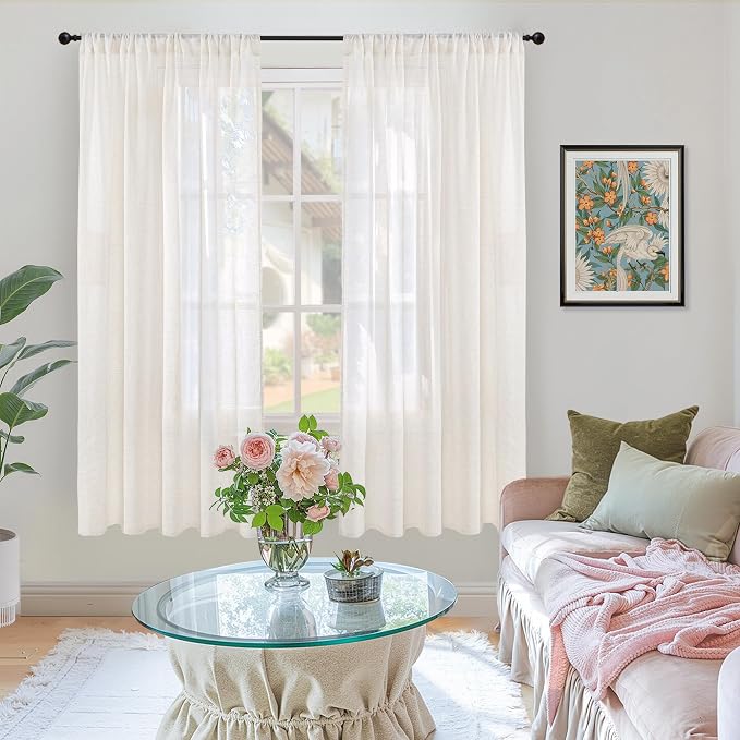BGment Linen Semi Sheer Curtains 52X63 Inch Length for Living Room | Light Filtering Window Drapes with Rod Pocket Lightweight Rustic Textured for Farmhouse Bedroom, 2 Panels Set
