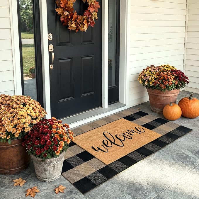 LEEVAN Buffalo Plaid Outdoor Door Mat, Washable Checkered Layering Rug | Small 2x4.3 Black and Tan Rustic Check Entryway Doormat, Hand Woven Cotton Welcome Rug for Front Porch Kitchen Patio Bathroom