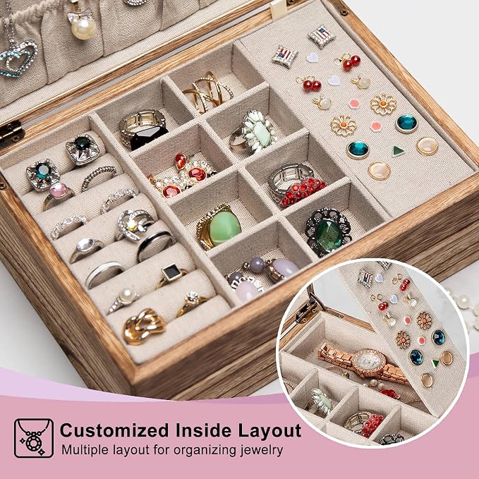 Pinzoveco Jewelry Box for Women, Rustic Wooden Jewelry Organizer Box for Storage Earrings Rings Necklace Bracelet, Farmhouse Style Wood Jewelry Boxes & Organizers (Torched Wood Color)