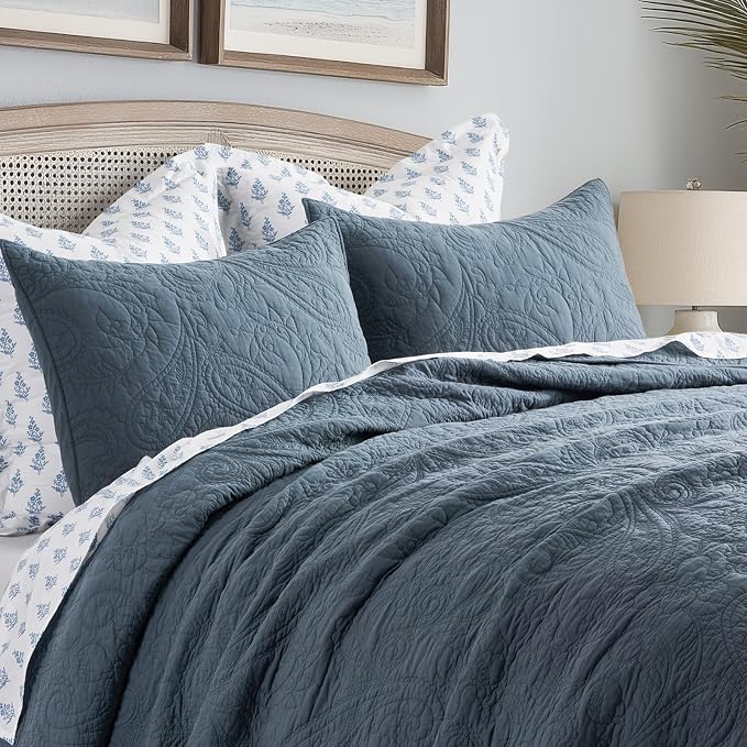 EVERGRACEHOME 100% Cotton Paisley Quilt Set, King Size, Stormy Blue | Prewashed for Softness, Year-Round Breathability, Gift-Ready Box, Matelasse-style Quilted Coverlet, 3 Piece Set with 2 Shams