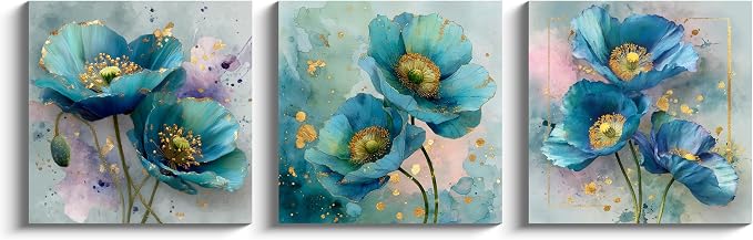 NAN Wind 3Pcs Blue Teal Poppy Flower Wall Art Canvas Print with Gold Accents Modern Botanical Floral Contemporary Watercolor Style Elegant Flower Artwork for Living Room Bedroom Home Office Wall Decor