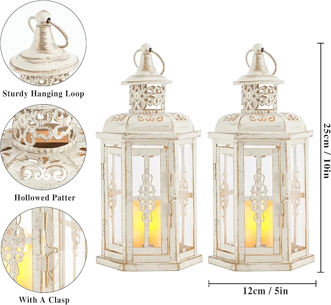 JHY DESIGN Set of 2 Rustic Decorative Lanterns 10" H Vintage Hanging Lantern Metal Candleholder for Indoor Outdoor, Events, Parities, Patio and Wedding(White with Gold Brush)