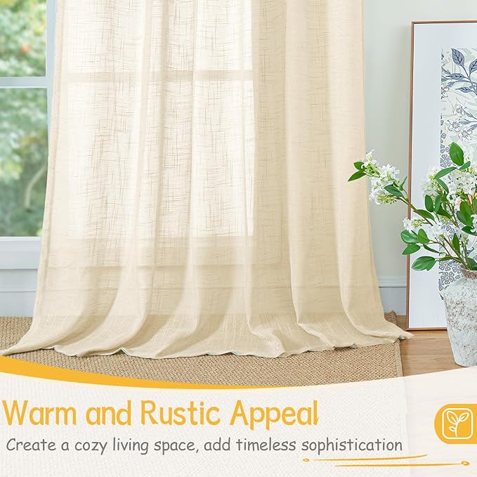 Linen Sheer Kitchen Curtains 36 Inch Cafe Back Tab Rod Pocket 2 Panels