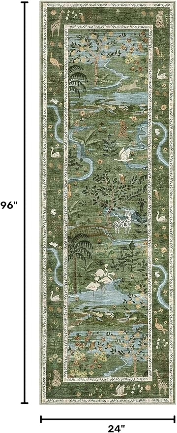 Long Runner Rug for Hallway 2x8 Whimsical Woodland Throw Runner Carpet Non Slip Stain Resistant Nursery Forest Runner Mat Washable Safari Animal Rugs for Living Room Kitchen Bedroom, Green