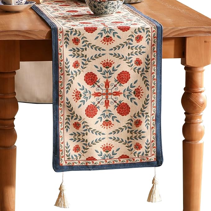Patdrea Designer French Elegant Linen Table Runner,12"X102"-Puno B | Vintage Tablerunner 102 Inches Long,Colorful Floral Pattern,Decorative Runner for Dining Room Living Room Banquet