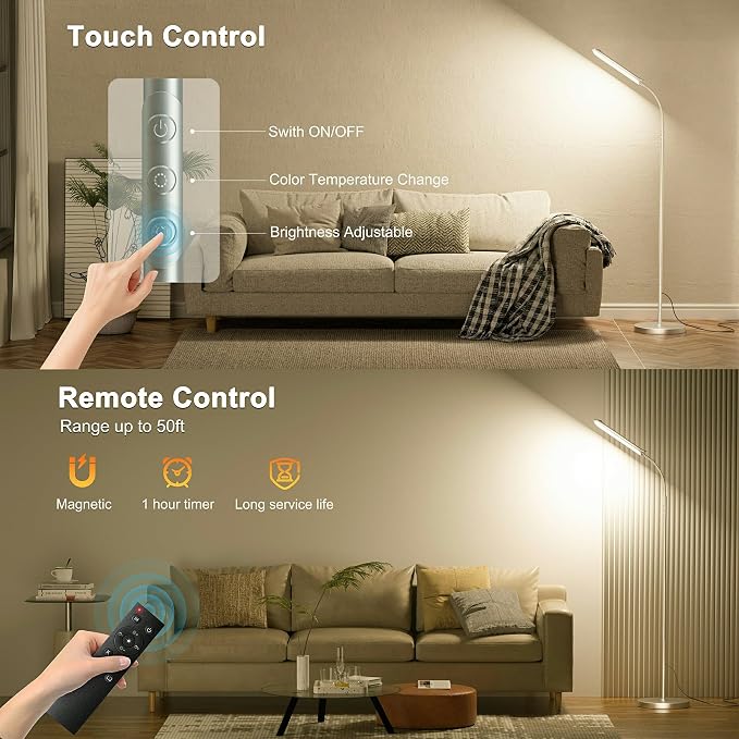 Yikuneng Dimmable LED Floor Lamp, Super Bright Reading Lamps Floor Standing lamp with Remote & Touch Control, Stepless Dimming & 2700K-6500K Color Temperature, for Living Room Bedroom Office, Gray