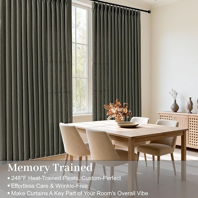 84 Inch Linen Pinch Pleated Sheer Light Filtering Curtains for Living Room | Semi Sheer, Farmhouse, Semi Sheer, Pinch Pleat, Linen Blend, Hook Ring, Memory Shape, W40xL84, 2 Panels, Charcoal Grey