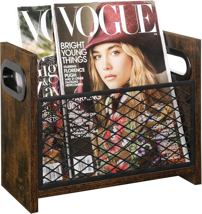 YINMIT Magazine Holder, Small Magazine Rack Floor or Desktop Storage Basket | Wood and Metal Construction, Retro Book Organizer, Compact Magazine File Holder for Desktop, Living Room, Office