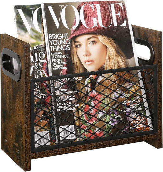 YINMIT Magazine Holder, Small Magazine Rack Floor or Desktop Storage Basket | Wood and Metal Construction, Retro Book Organizer, Compact Magazine File Holder for Desktop, Living Room, Office