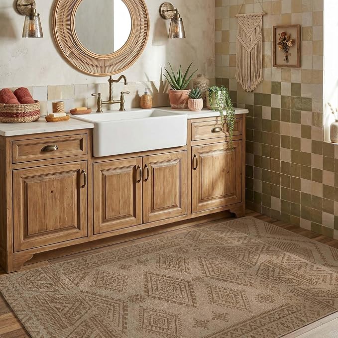 jinchan 3x5 Faux Jute Area Rug Washable Boho Entryway Rug, Natural Taupe | Southwestern Geometric, Non-Slip, Low Pile, Indoor Outdoor, Kitchen, Bathroom, Laundry Room, Porch, Balcony, Bedroom, Patio