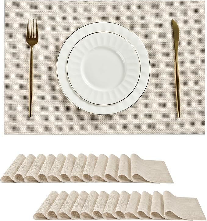 Leetaltree Beige White Placemats Set of 24 - Heat Resistant Non-Slip Place mats for Dining Table, Washable Durable PVC Vinyl Woven Table Mats(Beige White, 24)