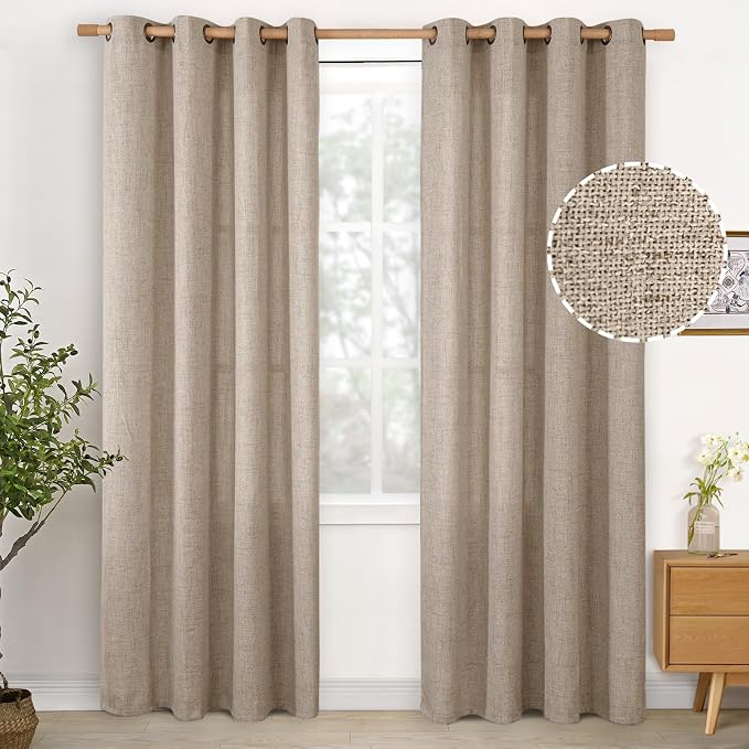 YoungsTex Oatmeal Burlap Linen Curtains 80 Inch Length 2 Panels Set | Light Filtering Window Treatments Drapes with Bronze Grommet for Bedroom Farmhouse Privacy, 52 x 80 Inch