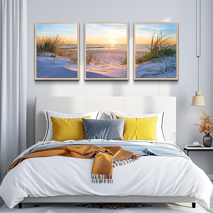 Natural Wood Framed Wall Art for Living Room and Bedroom - Large Size Sun Blue Beach Pictures - Office and Home Decor - Ocean Paintings Set of 3 Piece Framed Art Prints