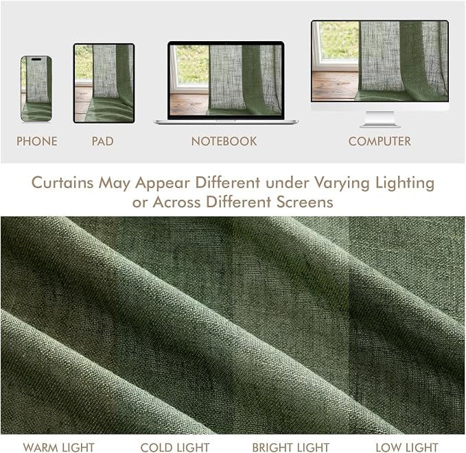 MIULEE Olive Green Back Tab Linen Curtains 4 Panels 42W x 108L | Linen material, light filtering, rod pocket back tab hanging, farmhouse decor for living room bedroom