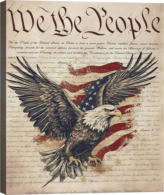 Framed We The People Bald Eagle Wall Art, Patriotic US Constitution Canvas Art Pictures, American Flag Wall Decor, Made in USA Ready to Hang for Office Living Room