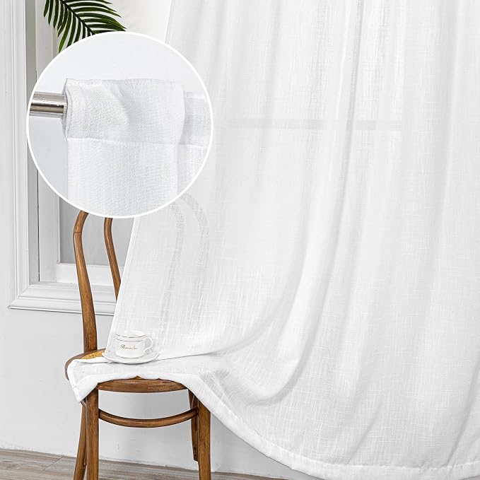 MYSKY HOME White Curtains 95 Inches Long Semi Sheer Drapes Light Filtering for Sliding Glass Door Window Treatments Soft Cotton Blend Panels Linen Look Farmhouse Style, 50" x 95", 2 Pieces
