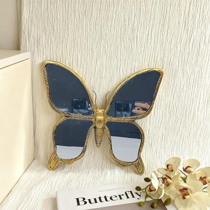 Gold Resin Butterfly Mirror Wall Decor, Vintage Insect Shaped Decor Mirror | Butterfly Shaped Accent Wall Mirror, Butterfly Mirror Wall Sculpture, Creative Home Decoration for Bedroom Balcony Corridor