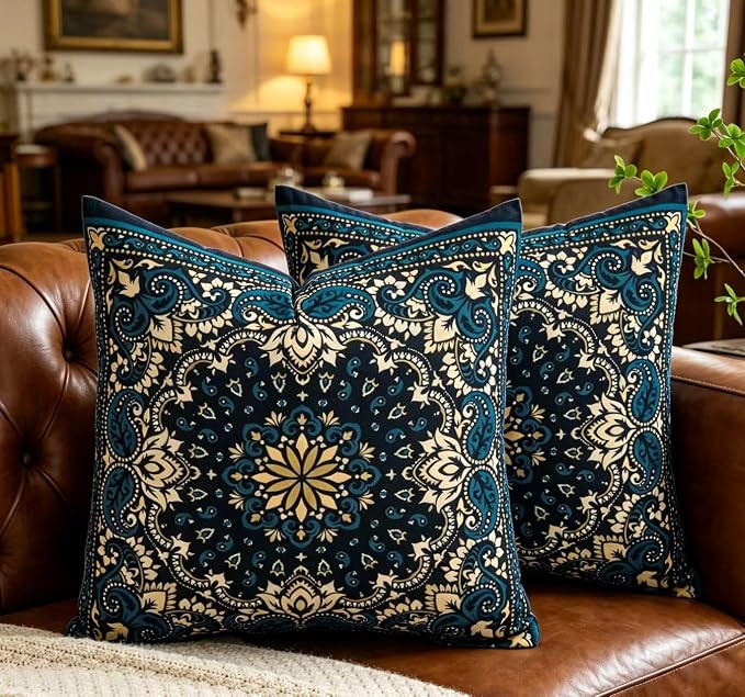 Boho Throw Pillow Covers 18X18 Inch Set of 2 Bohemian Soft Velvet Couch Pillow Cases Farmhouse Decorative Pillow Covers for Sofa Living Room Bedroom Outdoor Patio Porch Indigo Motif
