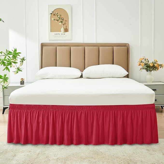 Wrap Around Bed Skirt Dorm Twin & Twin XL 15" Drop-Elastic Dust Ruffle | Adjustable Pleated Bedskirt-Easy Fit Wrinkle Resistant-Washable Hotel Quality-College Dorm Apartment Guest Bedroom Red