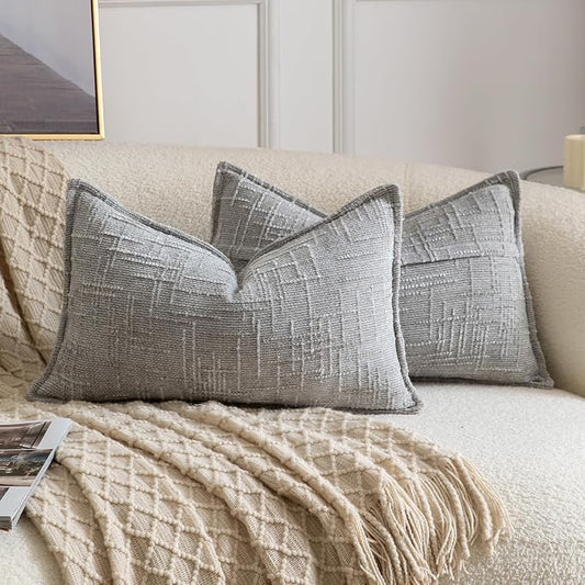 MADIZZ Pack of 2 Chenille Throw Pillow Covers 12x20 Inch Grey Soft Neutral Decorative Throw Pillows for Couch Sofa Boho Accent Cushion Covers Modern Farmhouse Home Decor for Bedroom Living Room