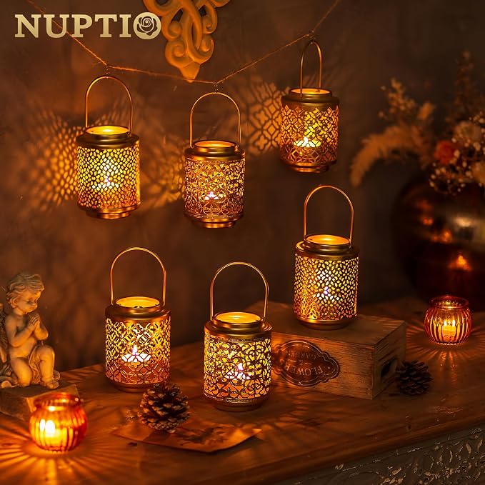 NUPTIO Decorative Candle Lanterns Gold, 2 Pcs Tea Light Candles Holders