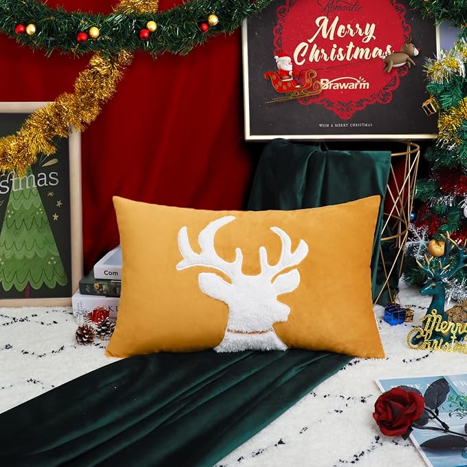 BRAWARM Christmas Pillow Cover 12 X 20 Inches, Gold Reindeer Embroidered Lumbar Pillow Cover, Soft Velvet Decorative Throw Pillow for Couch Bed Sofa Living Room Home