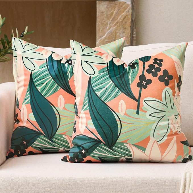 Tyrot Boho Floral Velvet Throw Pillow Covers 18x18 Inch Set of 2 Farmhouse Cushion Covers Mid Century Modern Botanical Home Decor Accent Pillow Cases for Couch Bed Sofa Living Room, Bedroom, Coral