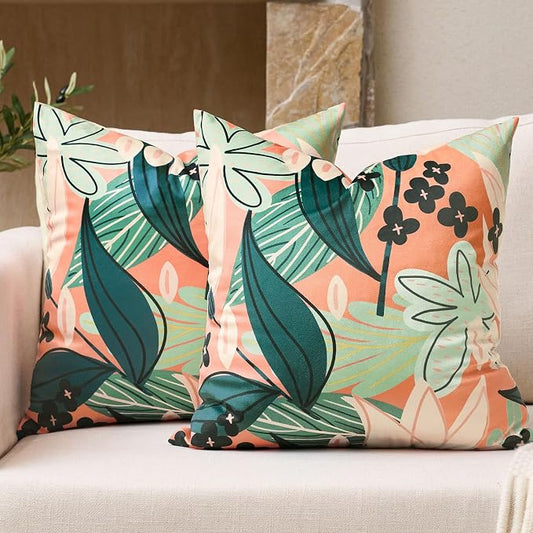 Tyrot Boho Floral Velvet Throw Pillow Covers 18x18 Inch Set of 2 Farmhouse Cushion Covers Mid Century Modern Botanical Home Decor Accent Pillow Cases for Couch Bed Sofa Living Room, Bedroom, Coral