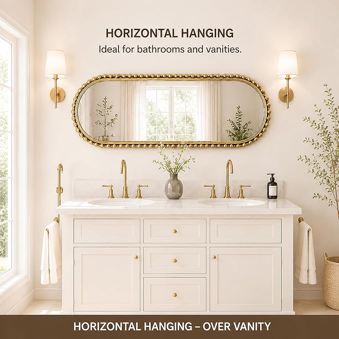 20"x53" Oval Full Length Wall Mirror, Unique Bold Beaded Frame | Antique gold long oval mirror, vertical or horizontal hanging for dressing room, bathroom, entryway, bedroom, living room