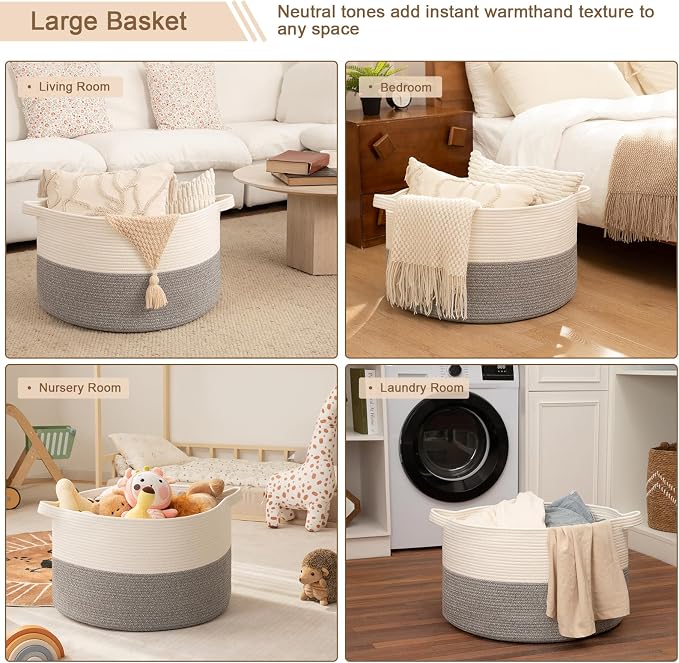 OIAHOMY 115L Extra Large Blanket Basket for Living Room, 23.6" x 15.4" Woven Cotton Rope Laundry Basket for Organizing Pillows, Decorative Stuffed Animal Toy Storage for Nursery, White and Light Grey