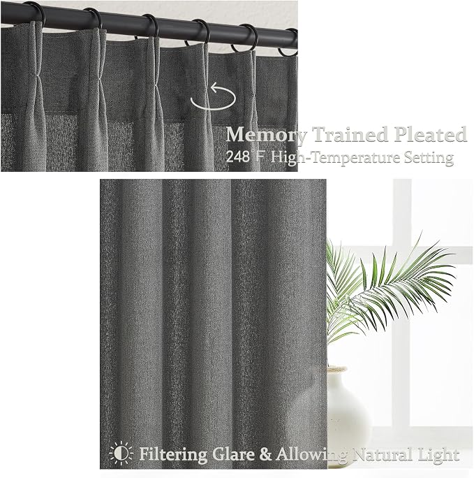 Natural Linen Semi Sheer Ceiling Curtains 102 Inches Long 2 Panels for Patio Sliding Glass Door, Dark Grey Luxury Pinch Pleat Living Room Light Filtering Curtain with Track System Burg Decor 40Wx102L