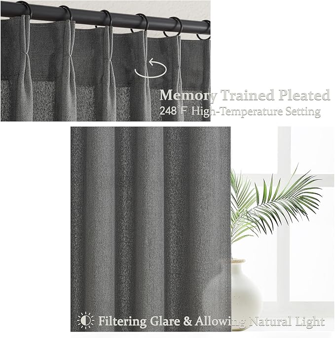 Dark Gray Sheer 90 Inches Long Bedroom Curtains 2 Panels Set, Pinch Pleated Faux Linen Semi Through Privacy Sheer Curtain That Let Light in Dining Room Charcoal Grey 7-1/2 FT Luxury Drapes Hooks Rings