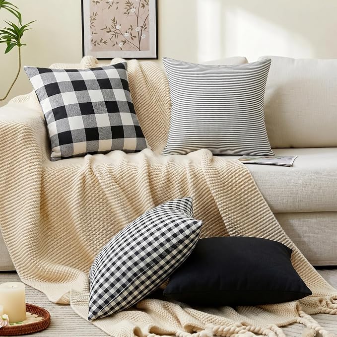 Black and White Buffalo Check Plaid Throw Pillow Covers 18x18 Set of 4 | Soft Black Couch Sofa Pillow Covers 18 x 18, Black and White Plaid Christmas Pillow Covers Set of 4, Outdoor Porch Pillows