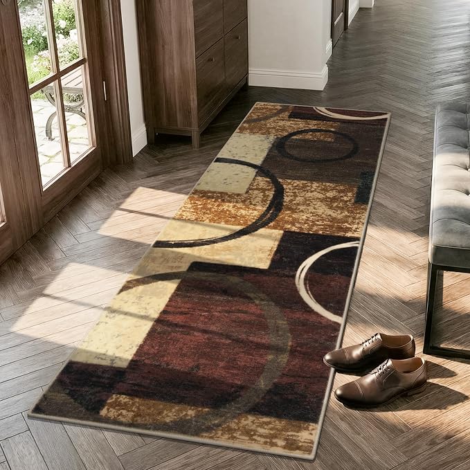 Yamaziot 2x6 Washable Modern Abstract Runner Rug Non-Slip for Hallways | Stain Resistant Kitchen Rug with Rubber Backing, Low Pile, Ultra Soft Carpet Runner for Bedroom, Laundry, Entryway, Brown