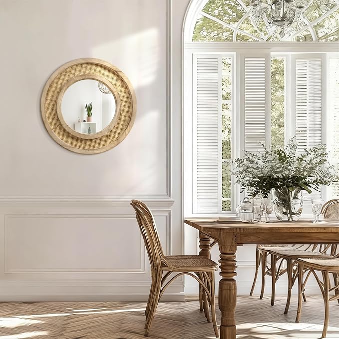 JJUUYOU Wood Mirror with Wood Frame Circle Mirrors for Wall 16 Inch Circular Hanging Mirrors for Living Room Bathroom Vanity Entryway Hallway Brown