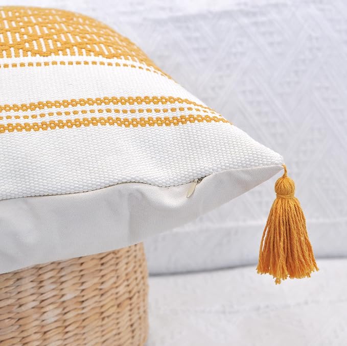 Boho Throw Pillow Covers with Tassels Mustard Yellow and White 18x18 inch -Set of 2 / Decorative Square Pillow Covers for Couch, Sofa/Farmhouse Woven Pillow Cases/Accent Cushion Covers