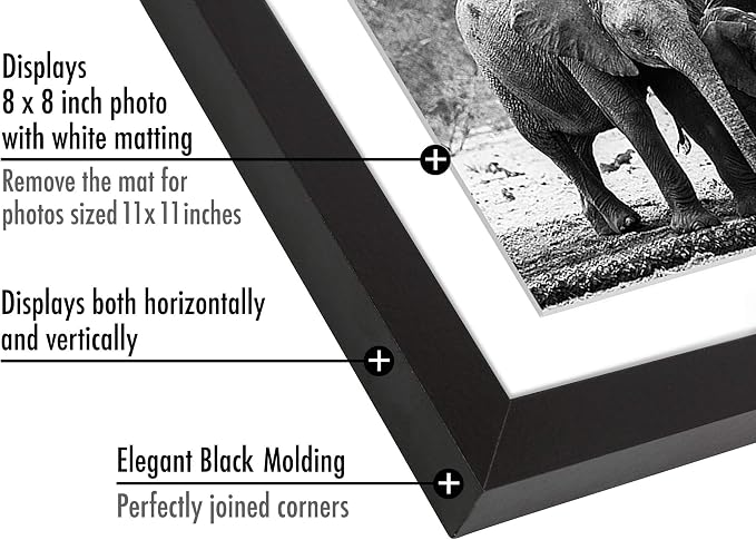 Americanflat 11x11 Picture Frame with Shatter-Resistant Glass - Use as 8x8 Frame with Mat or Display 11x11 Photo Without Mat - Signature Collection - Square Frames for Wall Display - Black