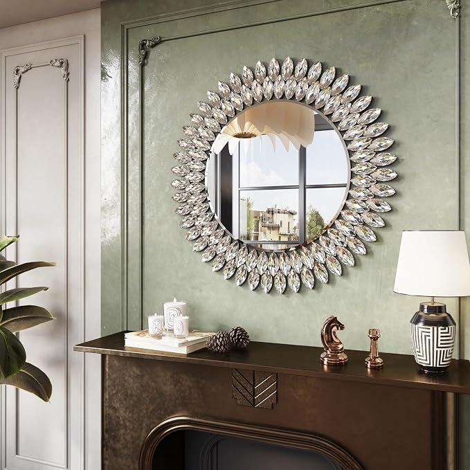 Kelly Miller 26" Jeweled Luxury Round Decorative Wall Mirror | Elegant diamond beveled vanity mirror. Perfect wall mirror for living room, bedroom, entryway.