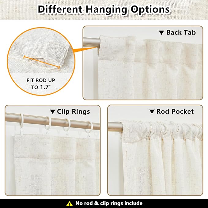 MYSKY HOME Linen Curtains for Living Room, Natural Semi Sheer Curtains & Drapes 84 inches Length 2 Panels Set Farmhouse Country Boho Style Back Tab Draperies for Sliding Glass Door, 50" Wide, Linen