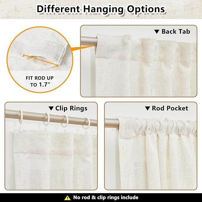 MYSKY HOME Linen Curtains for Sliding Glass Door, Back Tab Semi Sheer Curtain Panels Extra Long Floor Length Drapes Linen Texture Soft Touch Country Curtains, 50x120 Inch, Linen, Set of 2